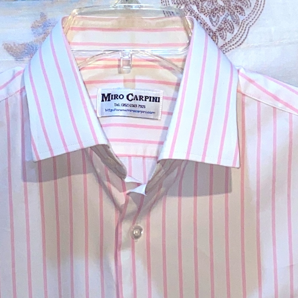 MEN MIRO CARPINI BUTTON DOWN PINK/WHITE PINSTRIPE  LONG SLEEVE DRESS SHIRT SZ L